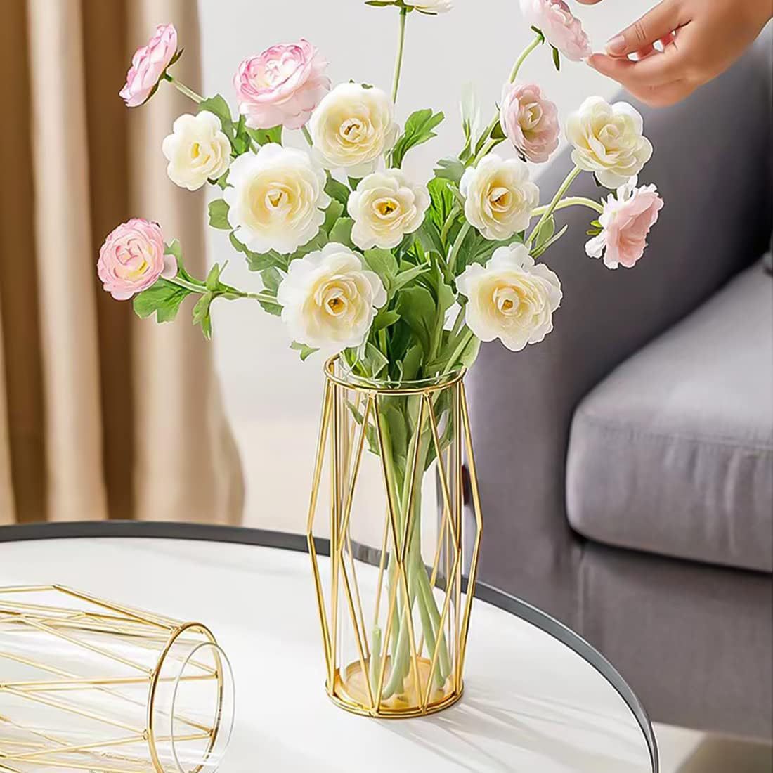 Transfronterizos simple estilo alto valor de la cara de hierro forjado jarrón de vidrio decoración de alta calidad sala de estar decoración floral decoración escena accesorios de decoración