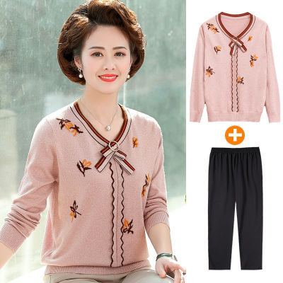 Middle and old age spring and autumn Long sleeve T-shirt jacket By age suit 40-50 mom temperament knitting Primer Blouse