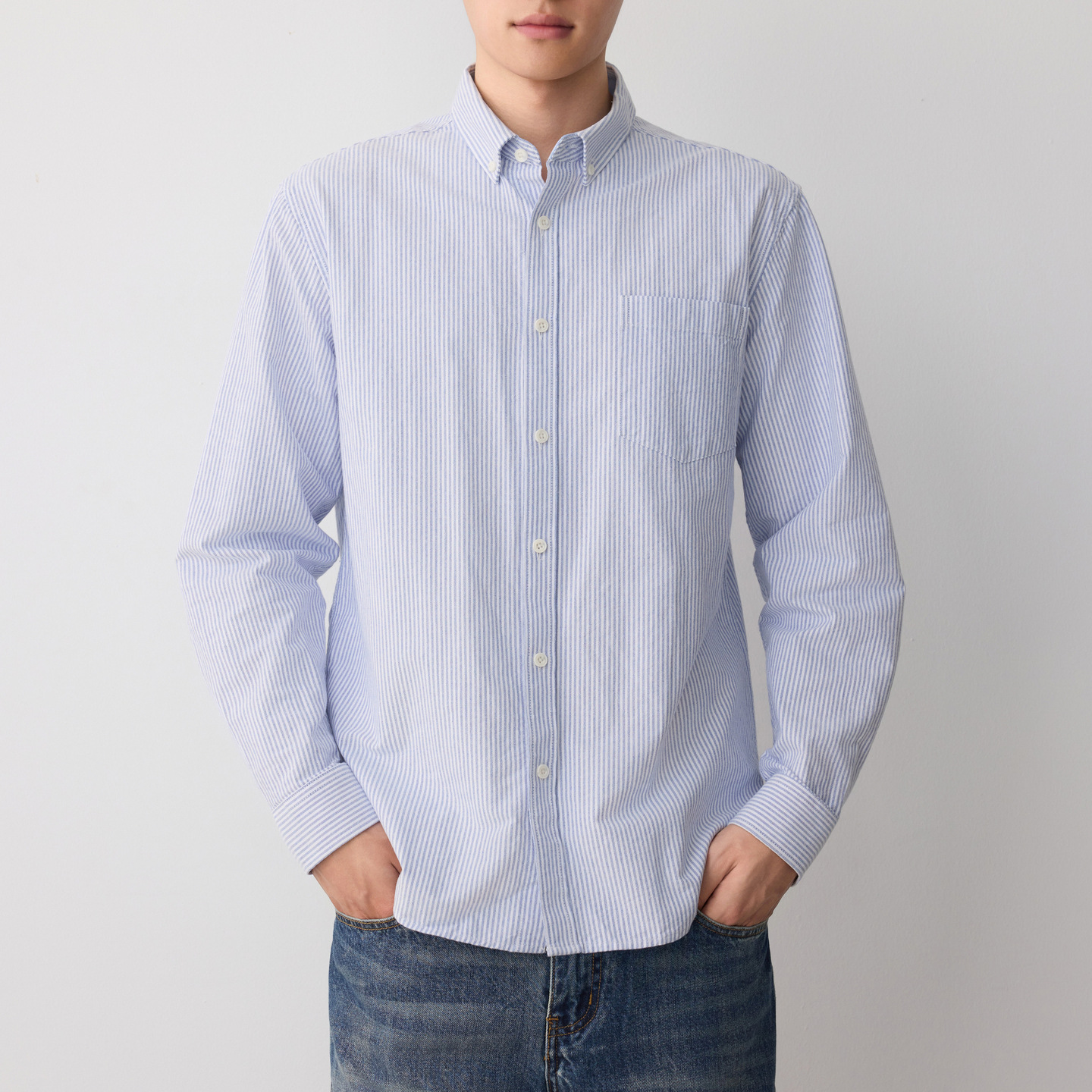 Áo sơ mi nam Oxford sọc xanh dài tay cotton — sọc xanh