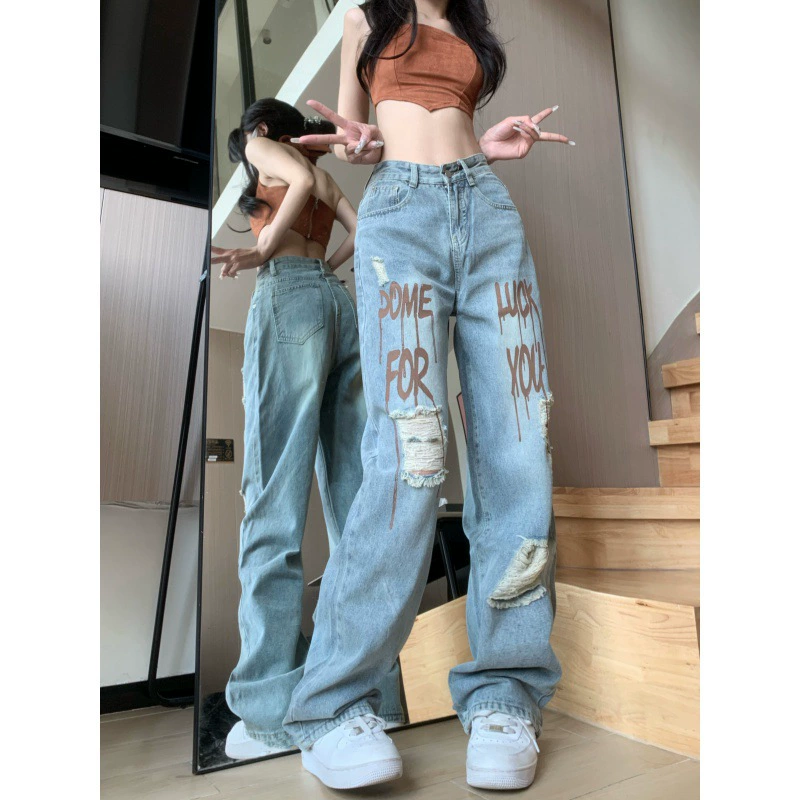 Реже цена! Американские уличные дыры джинсы с принтом BF ретро хип-хоп свободные повседневные брюки