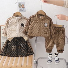 男童春装套装2025新款宝宝春秋满印字母拉链两件套洋气儿童衣服