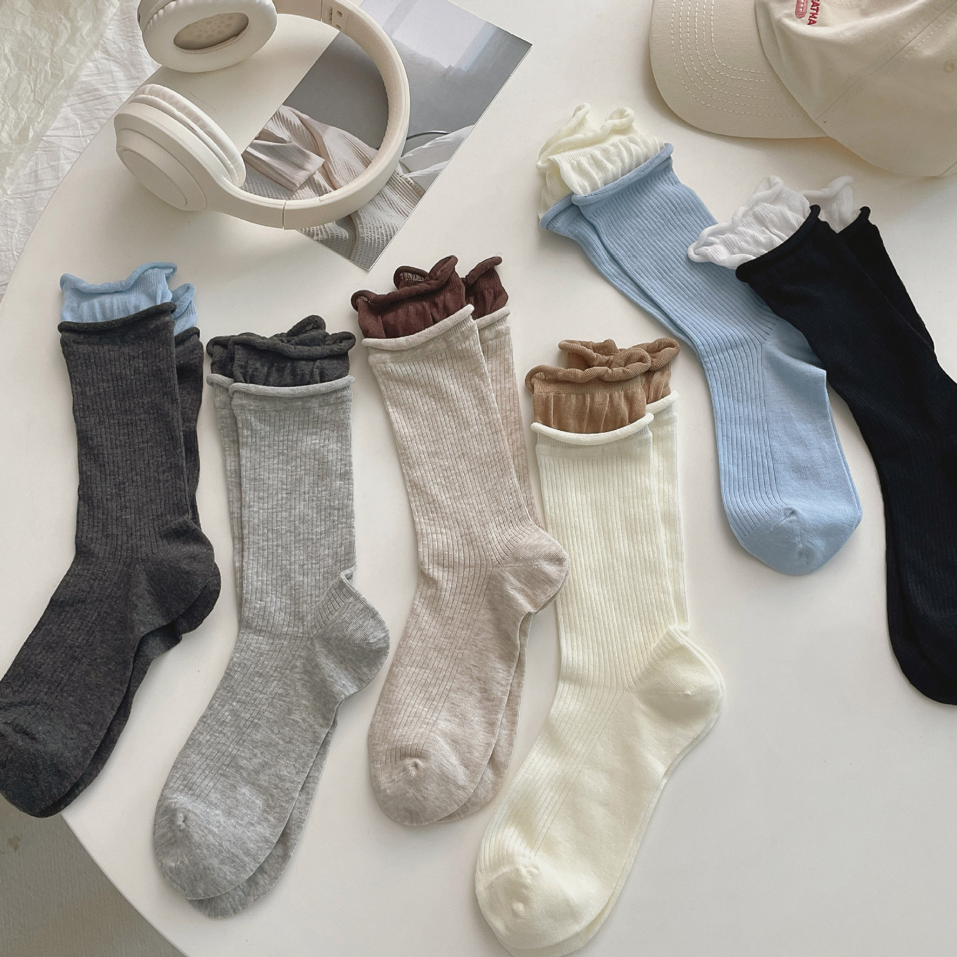 Double Bubble Mouth Summer Thin Layer Stacking Socks College Style Korean Version Ins Color Clash Simple Two-Piece Calf Socks
