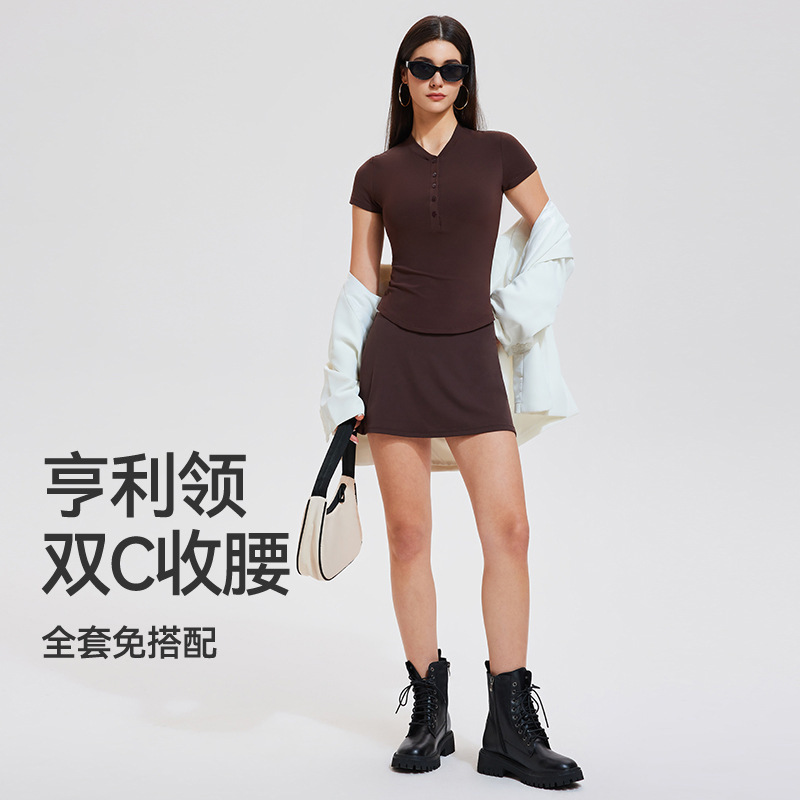 纯色短袖套装女亨利衫夏透气修身显瘦辣妹裸感速干短裙运动套装女|undefined