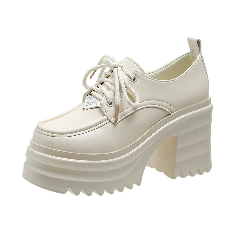 Туфли Lefu толстая подошва 10cm увеличенные маленькие кожаные туфли для женщин 2023 весна и осень новые дикие круглые туфли на каблуках на шнуровке