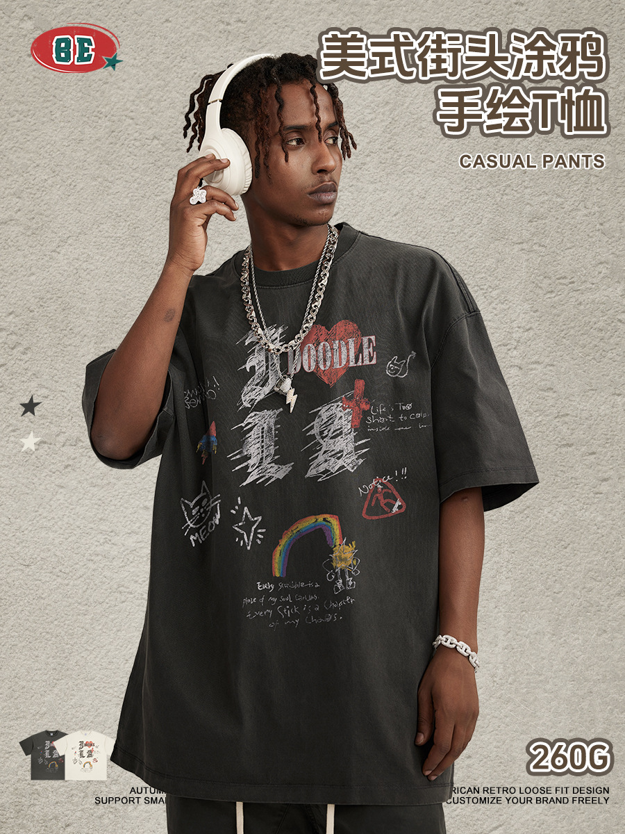 Be Hombres| Retro americano hecho viejos ojos impresos camiseta de moda de moda masculina alta calle Boxy estilo suelto de media manga superior