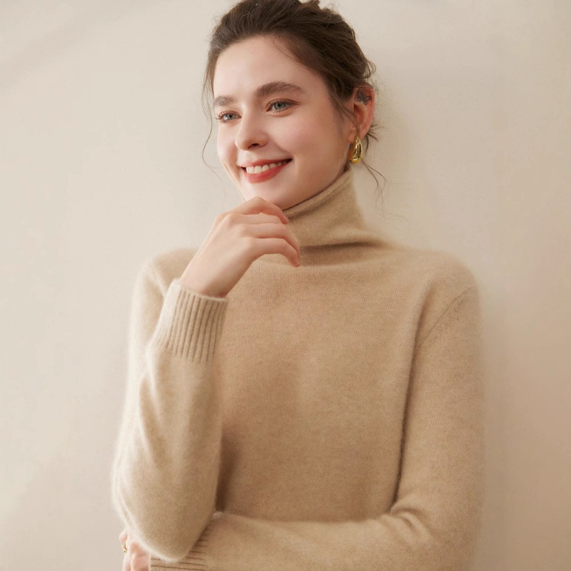 Double-thread thickened 100% pure cashmere sweater for women with rolled edges and stacked collar, large size, loose fit, versatile base layer knitwear Double-thread thickened 100% pure cashmere sweater for women with rolled edges and stacked collar, large size, loose fit, versatile base layer knitwear