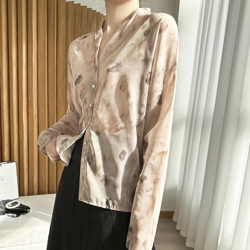 Early Spring New Fashion V-Neck Elegant Women's Satin Print Long-Sleeve Slim Fit Minority Shirt