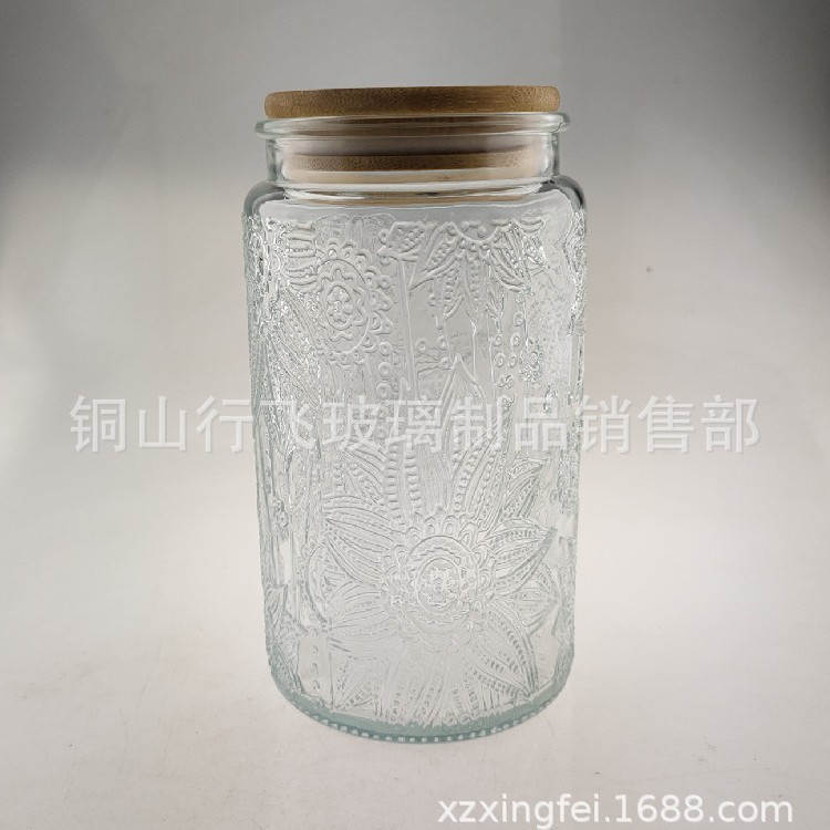 Frasco de vidrio de 1000ml con relieve de begonia y tapa de bambú, para almacenar té o granos