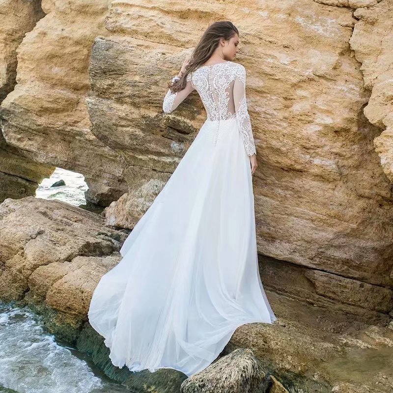Vestido de Novia Elegante de Estilo Europeo y Americano para Comercio Exterior en Amazon y AliExpress, Cuello Redondo, Encaje, Largo, Entallado, Sencillo, de Gasa image 4