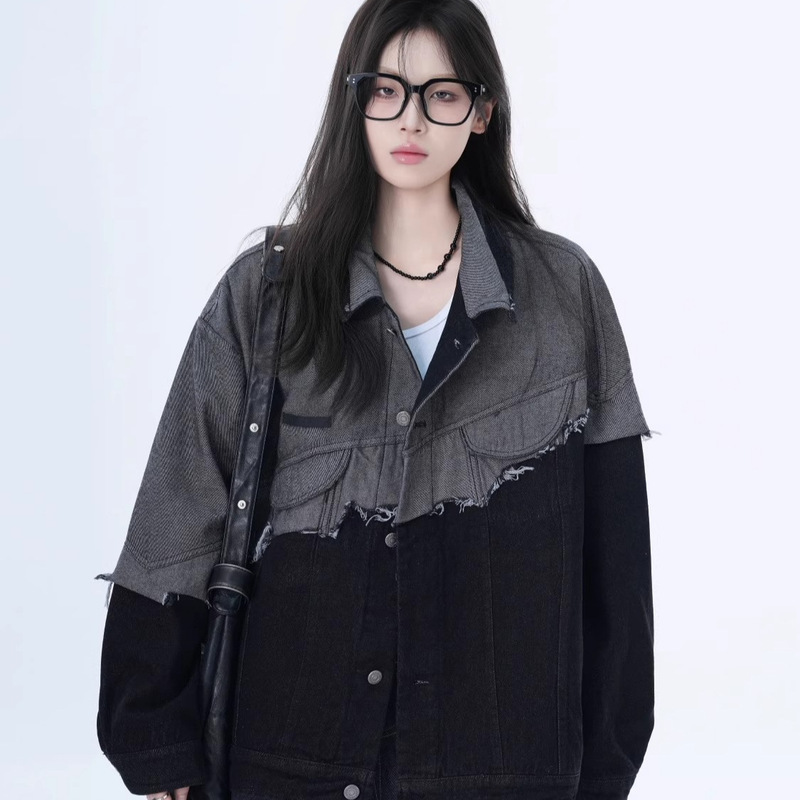American Trendy Brand Contrasting Color Stitching Raw Edge Denim Jacket for Men and Women Retro Washed Distressed Tassel Loose Couple Jacket American Trendy Brand Contrasting Color Stitching Raw Edge Denim Jacket for Men and Women Retro Washed Distressed Tassel Loose Couple Jacket