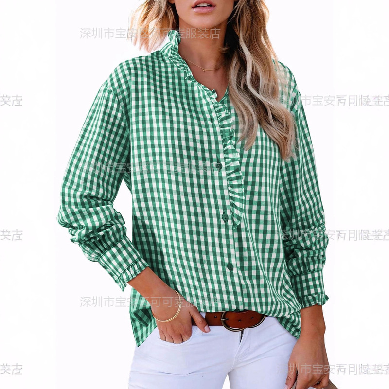 European and American Cross-Border Foreign Trade Amazon 2025 New Autum Plaid Top French Fungus V Neck Shirt for Women