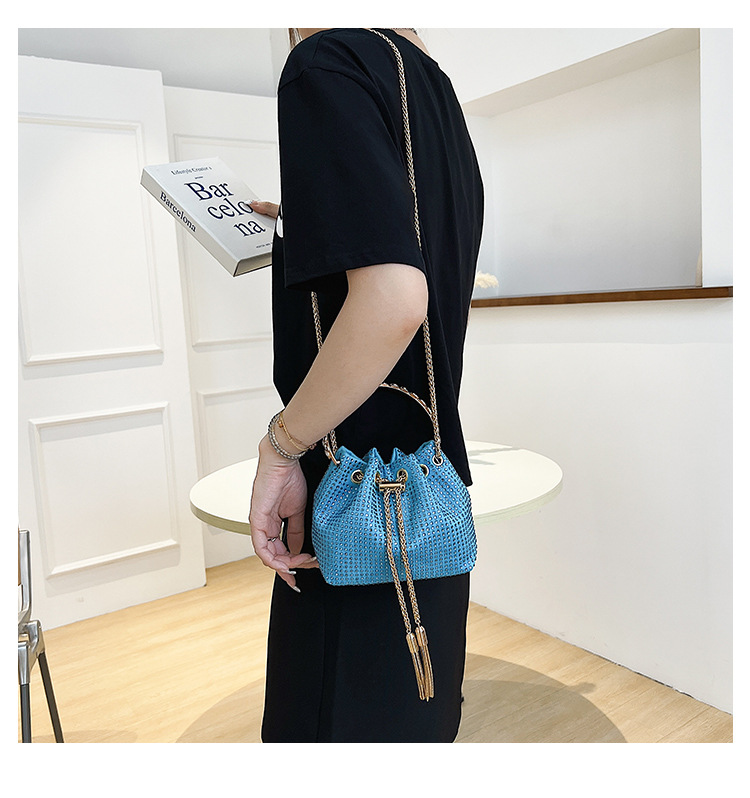 328g Weight Polyester Lining Material String Closure Type Single Shoulder Strap Strap Type Bucket Bag Bags Type Shopping Occasion Pu Leather Material Solid Color Pattern Women'S Gender Rhinestone Design Fashion Style Bucket Shape Small Size Women's Small Pu Leather Fashion Bucket Bag 10