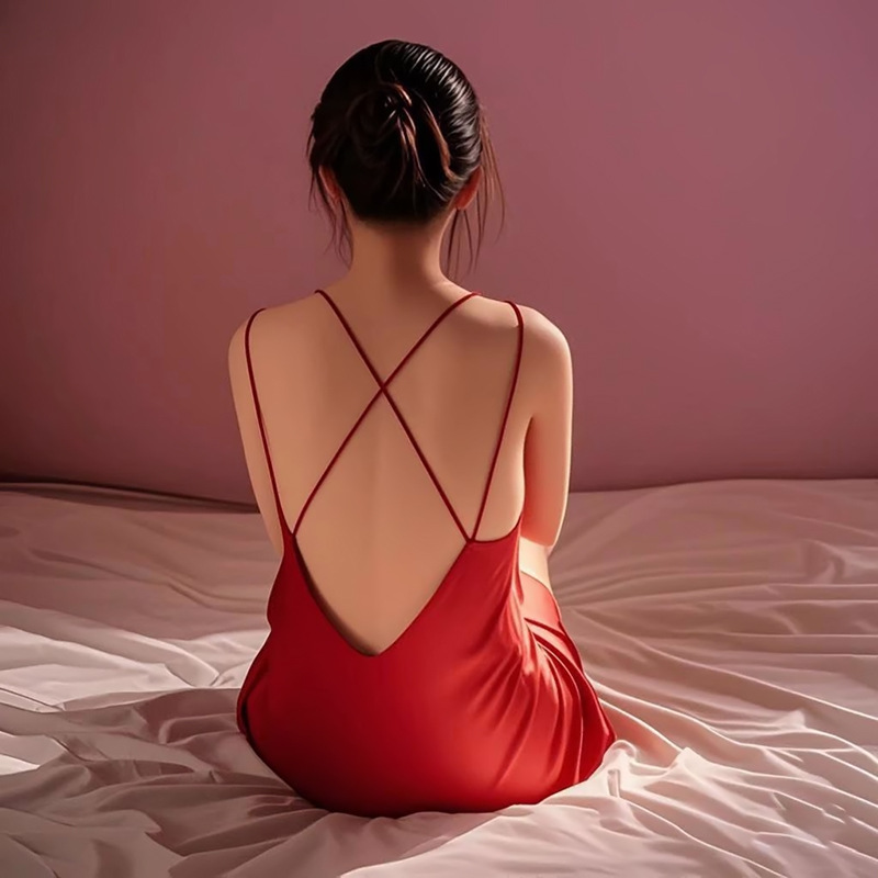 더블 숄더 스트랩 등이없는 섹시한 슬링 잠옷 얇은 V-넥 잠옷 실크 새틴 순수한 욕망 스타일 개인 가정 의류