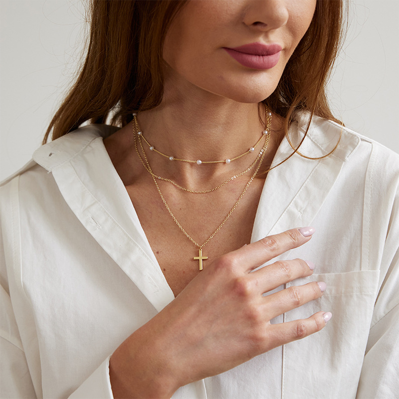 Luxury Gold-plated Pearl Cross Layered Necklace For Women_voghion.com