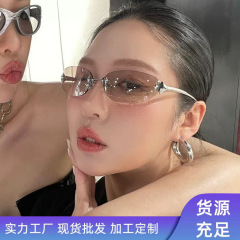 Y2K ホットガールパーソナライズされた屋外日焼け止めスターボーダーレンズサングラス女性用ヨーロッパとアメリカのフレームレスオーバルレトロハイエンドサングラス