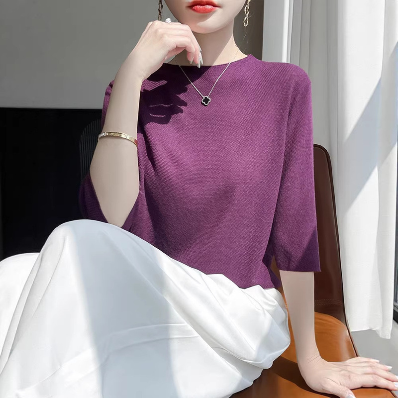 Spring and Summer New Style Fine-Spun Half-High Collar Knitted Short-Sleeve Women's Solid Color Loose Versatile Elegant Simple Top Spring and Summer New Style Fine-Spun Half-High Collar Knitted Short-Sleeve Women's Solid Color Loose Versatile Elegant Simple Top