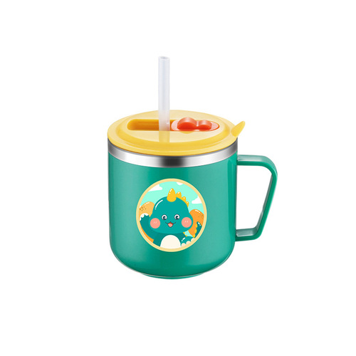 316 stainless steel children's milk cup with scale double-layer baby learning cup straw cup 304 cartoon mouth cup gift