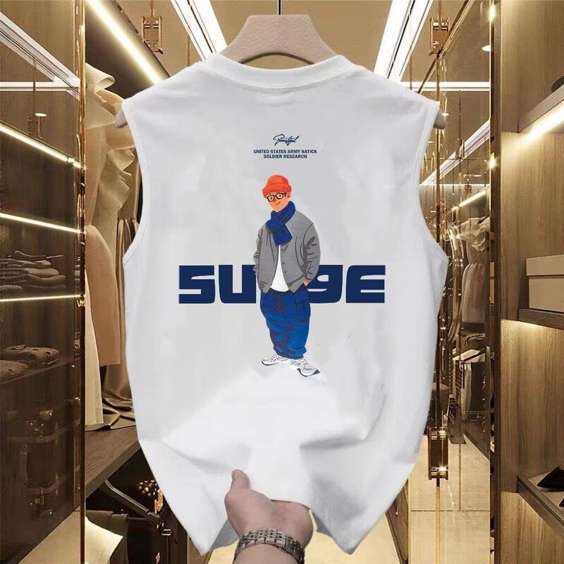 Vest Men's 2024 New American Style Summer Internet Celebrous Trendy Pure Cotton Sleeveless T-shirt Young Teenager's Waistcoat