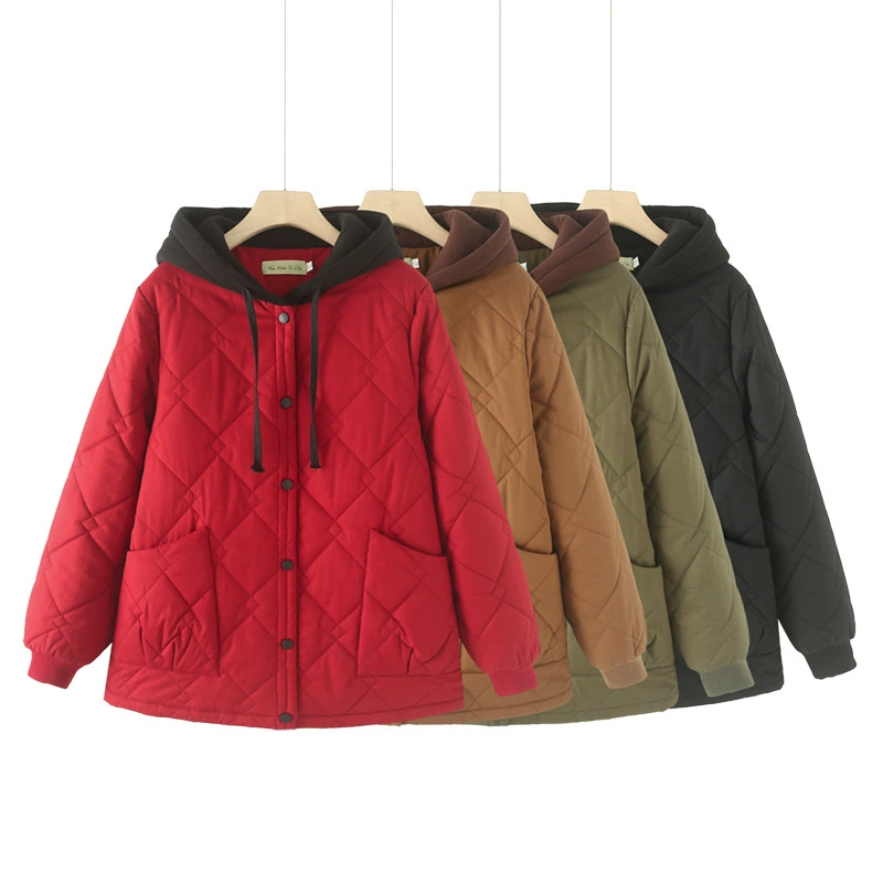 Женская хлопчатобумажная одежда большого размера с капюшоном, чтобы сразить цвет 2024 осень и зима новая хлопковая куртка толстая девушка хлопковая куртка тонкая 8937