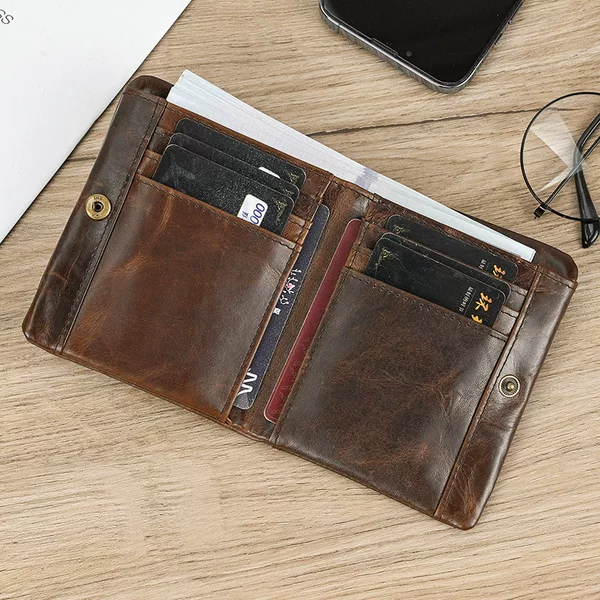 Men's Genuine Leather Retro Wallet, High-End Short Rfid Anti-Theft Money Brush Set, Oil Wax Cowhide Wallet Trendy