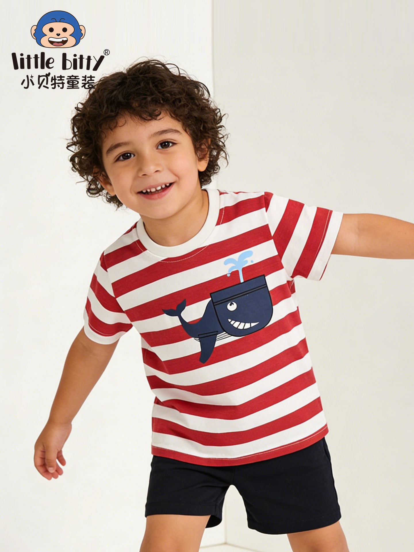 Cross-Border Children's Clothing 26 Spring/Summer Children's Short-Sleeve T-Shirt with Cartoon Shark Print Pattern and Striped Design, In-Stock Wholesale
