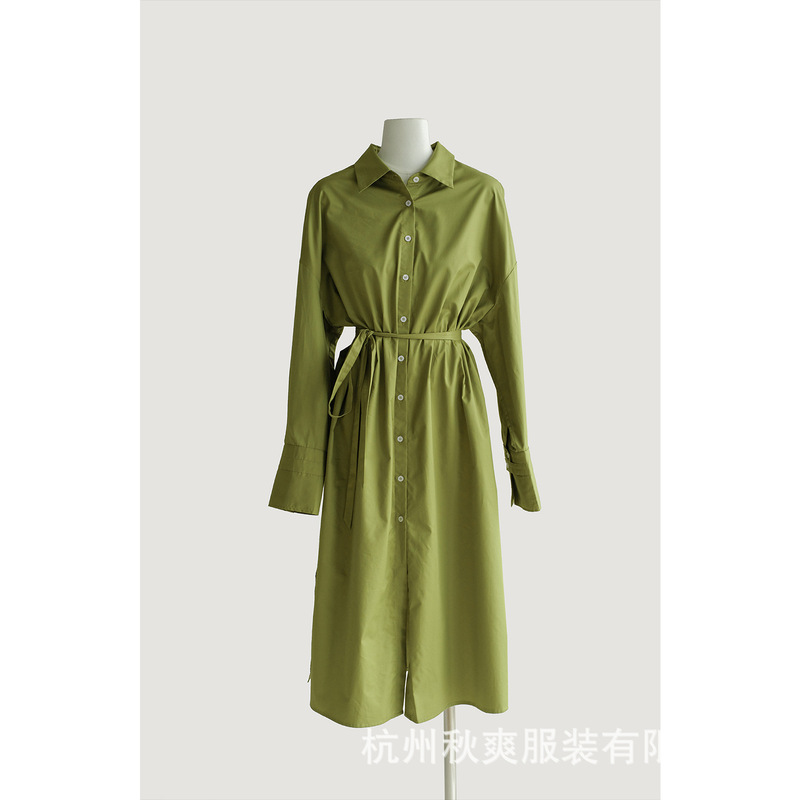 Dress with a Fresh Design, Asymmetrical Sleeves, Extra-Long Silhouette, High-End Solid Color, Versatile Casual Shirt Dress for Women