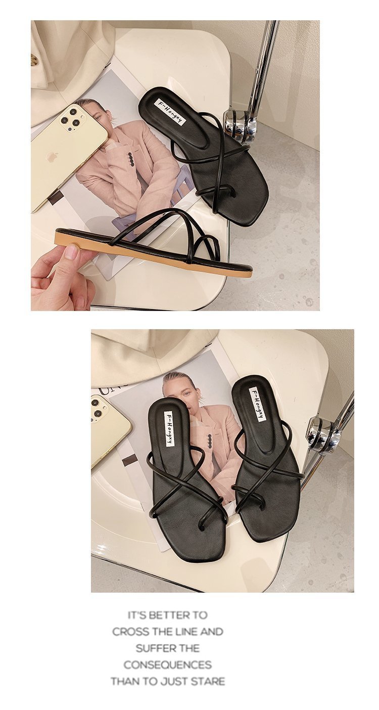 Hausschuhe im Feenstil, neue Oberbekleidung für Damen im Sommer 2024, koreanische Version, schlichter und schmaler Riemen mit quadratischer Zehenpartie und flachem Boden_voghion.com
