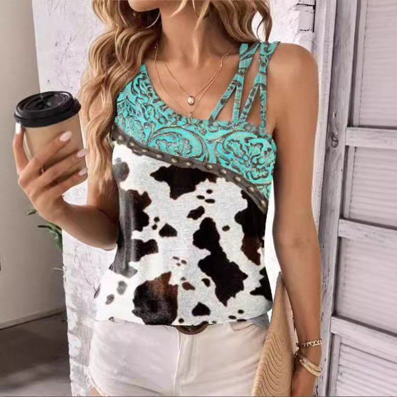 European and American Foreign Trade Cross-border Amazon AliExpress Short Vest Shoulder Strap Western Printed Top for Women