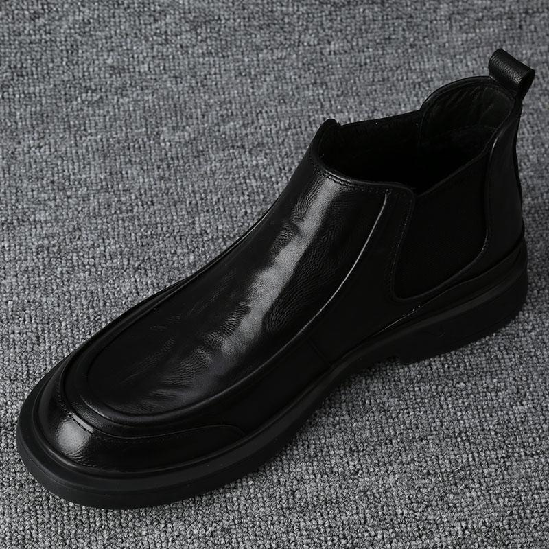 加绒男士时尚简约大气黑色真皮商务休闲高帮鞋个性百搭马丁靴瘦脚