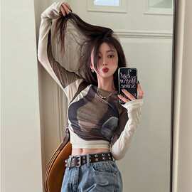 2026甜酷辣妹别致长袖T恤女秋季复古修身打底衫圆领撞色上衣图片