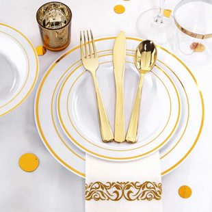 Gold-Rimmed Plate Set Disposable Dinner Plate Black Bottom Gold-Rimmed Plate Wine Glass Knife Fork Spoon Ps Hard Plastic Amazon Tableware