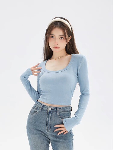 Women's Autumn Thin Fitted Elastic Ribbed Cotton U-Neck T-Shirt with Hong Kong Style, Versatile Short-Sleeve Long-Sleeve Top