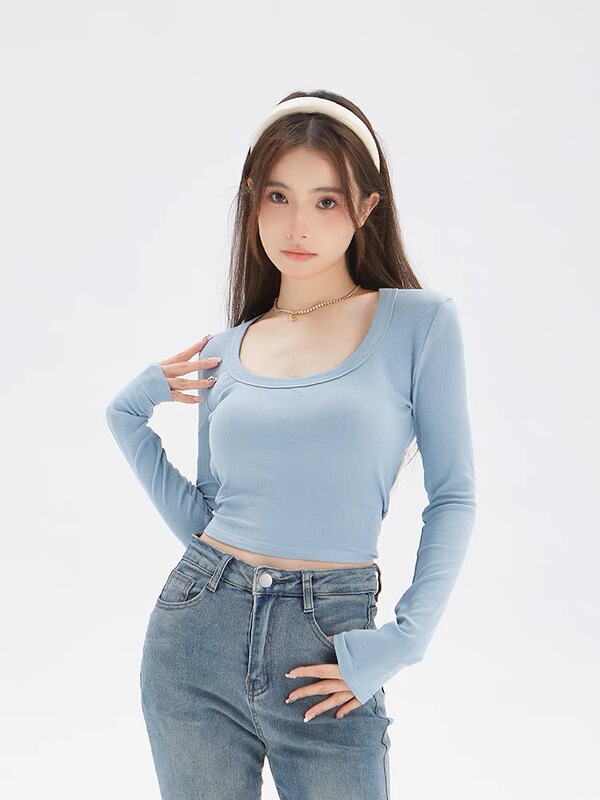 Hong Kong-style Blue U-neck Base Shirt Women's Autumn Thin Slim-fit Stretch Thread Cotton T-shirt All-match Short Long-sleeved Top Hong Kong-style Blue U-neck Base Shirt Women's Autumn Thin Slim-fit Stretch Thread Cotton T-shirt All-match Short Long-sleeved Top