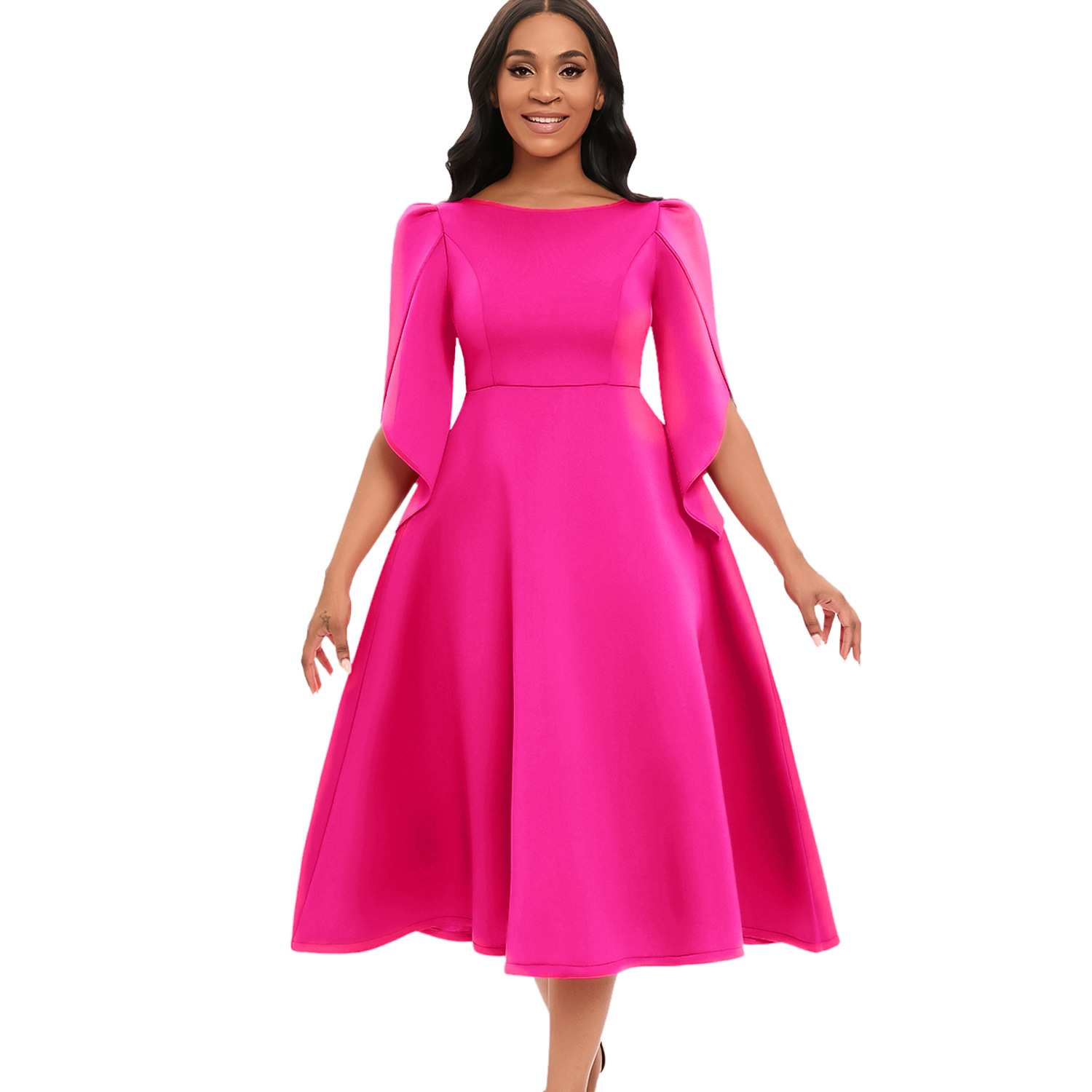 Women's Swing Dress Simple Style Round Neck 3/4 Length Sleeve Solid Color Midi Dress Holiday Daily display picture 6