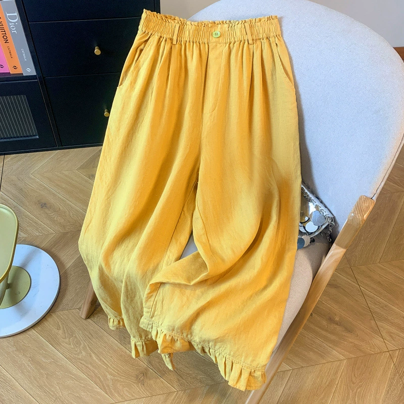 Реальный снимок хлопчатобумажных и льняных ретро-кружевных повседневных брюк весна-лето 2025, новые брюки с эластичной талией, девять точек, прямые, женские