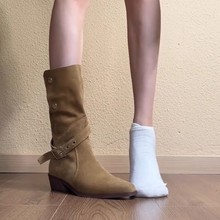不过膝长筒靴女2025春秋新款堆堆靴中筒粗跟骑士靴褶皱西部牛仔靴