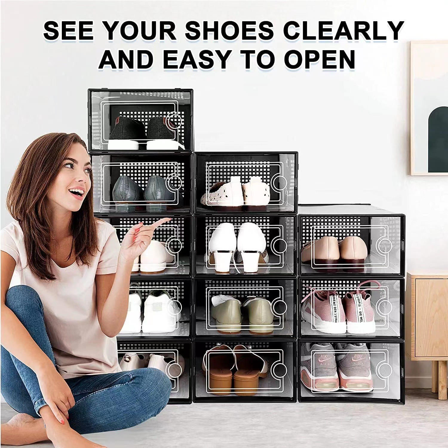 shoebox厂家供应亚马逊加厚透明小号双框式鞋盒 塑料透明抽屉鞋盒