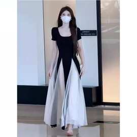 法式小众设计连衣裙女2025夏季新款高级感撞色A字裙修身显瘦长裙