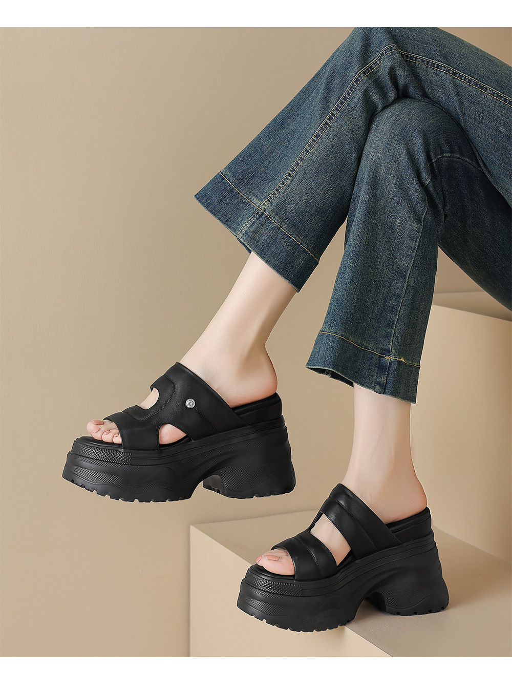 Dép sandal cao gót nữ hở mũi quai ngang da thật đế dày — Màu đen, Màu trắng chi tiết 11