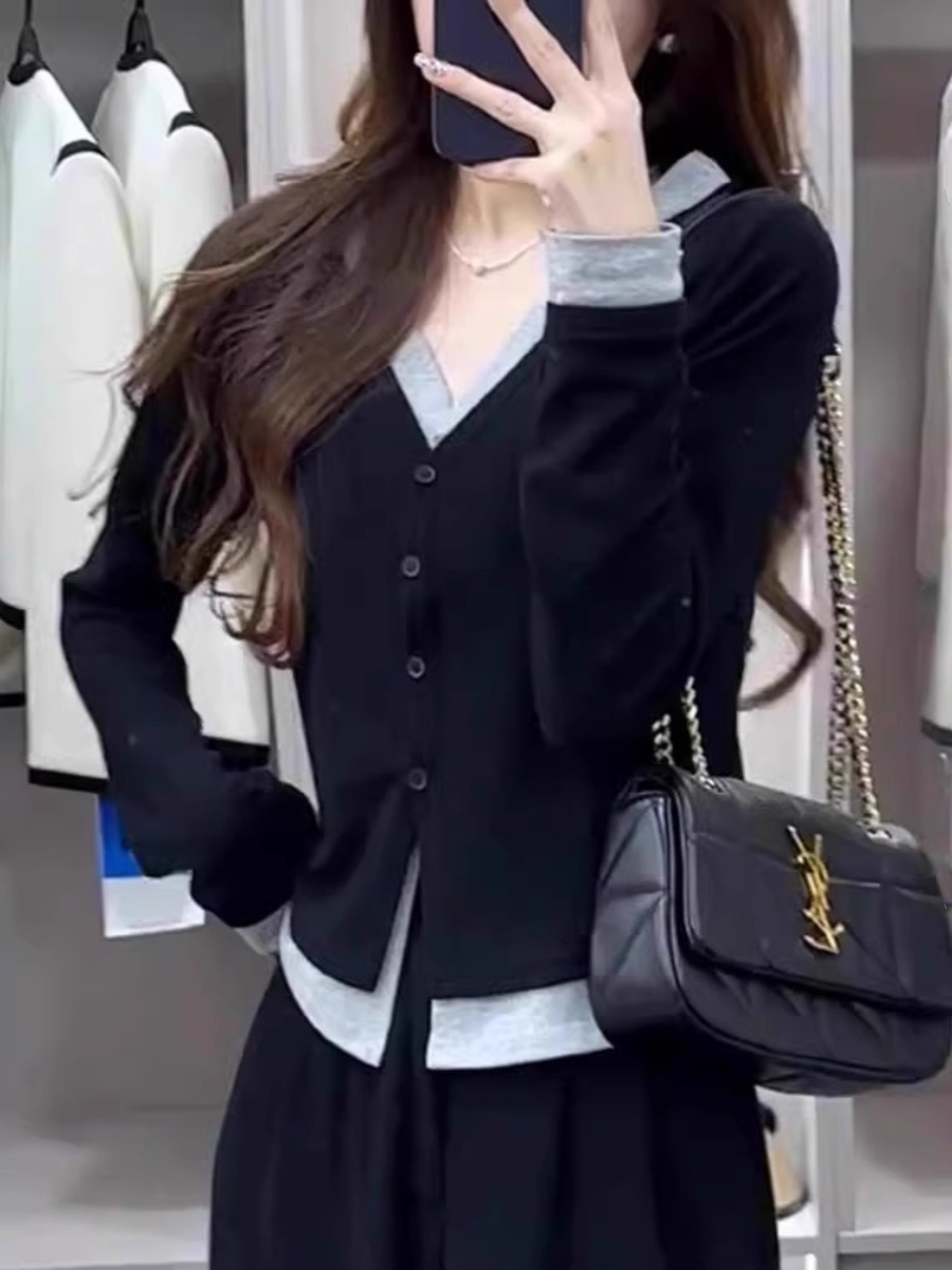 블랙 페이크 투피스 V 넥 긴팔 티셔츠 여성용 초가을 뉴 플러스 사이즈 통통녀 베이스 셔츠 슬림 니트 카디건 탑