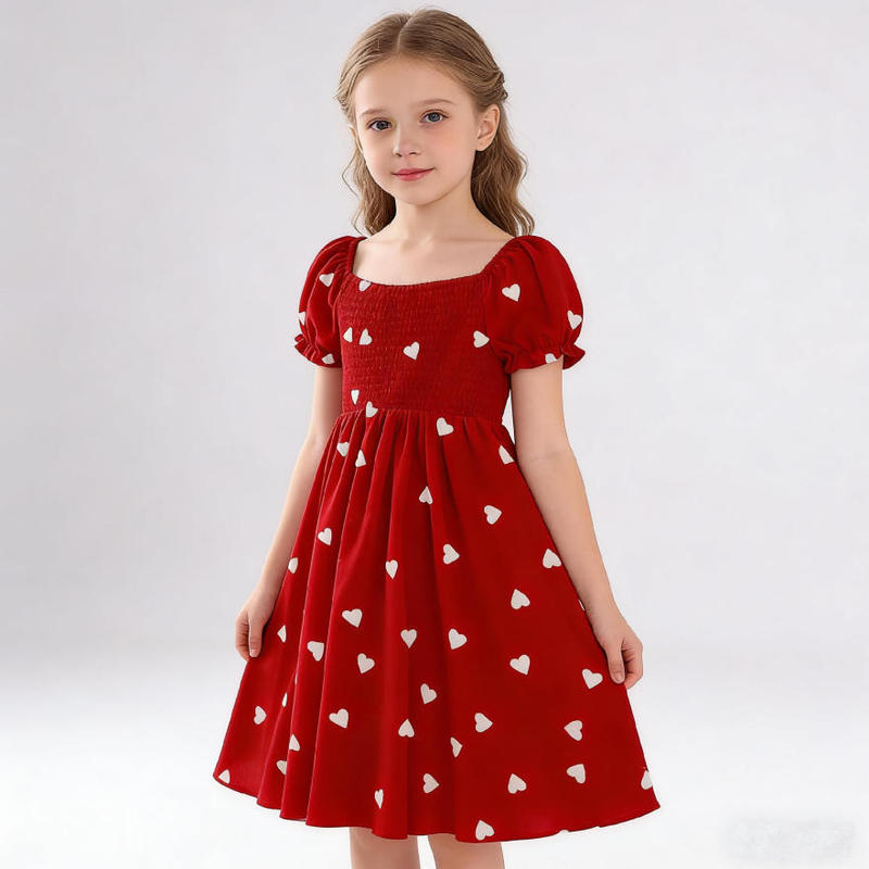 016 Love-Printed Puff-Sleeve Girls' Bow Dress, Fashionable European and American Cross-Border Dress