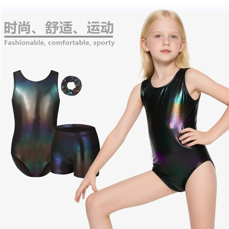 烫金舞蹈服女童芭蕾服儿童体操服表演服紧身衣连体衣短裤头三件套|undefined
