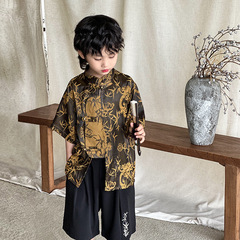 男の子中国風ドラゴン柄半袖シャツ 2025 夏の新しい子供の新しい中国風シャツショーツ漢服スーツ