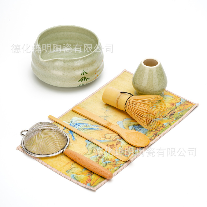 Cross-Border Matcha Bowl Ceramic Set Japanese-Style Pointed Matcha Bowl Tea Whisk Stand Tea Matcha Stirrer