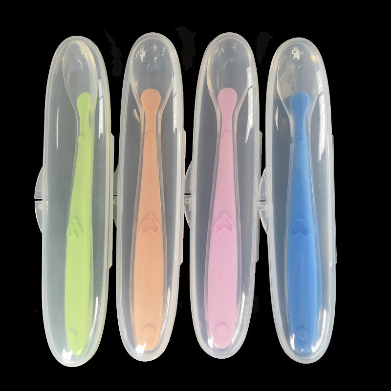 Baby silicone spoon full silicone soft head spoon baby feeding spoon children silicone spoon feeding tableware with storage box