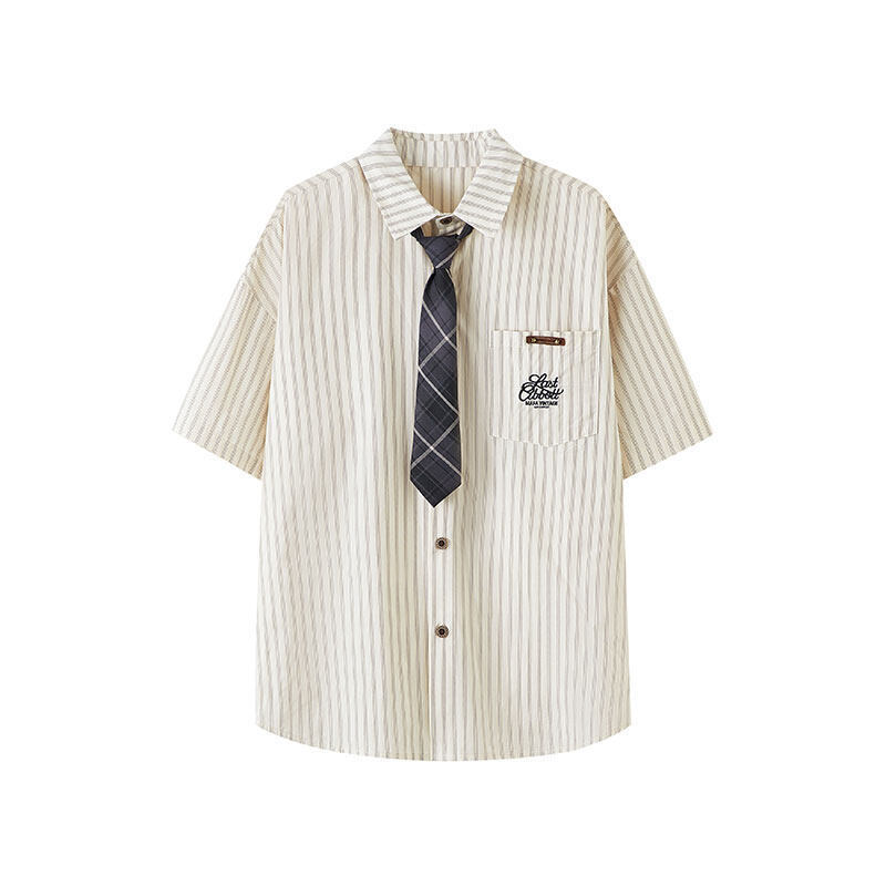 Trendy College Style Pink Striped Short-Sleeved Shirt for Men, Summer Casual and Versatile