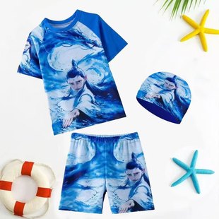 2025 New Children's Swimsuit for Boys, Nezha Ao Bing Short-Sleeve Sun-Protective Two-Piece for Young Children, Suitable for Hot Springs and Sports