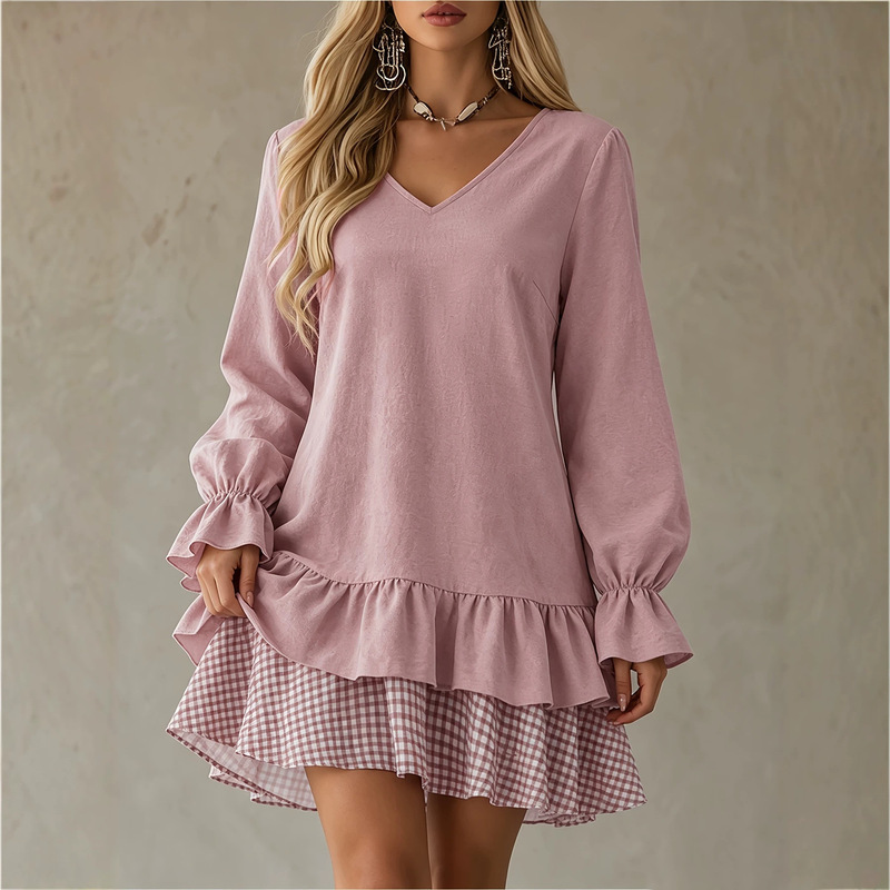 2026 New European and American Style V-neck Long Sleeve Dress for Women, Ruffle Trim Plaid Short Skirt, Loose and Slimming