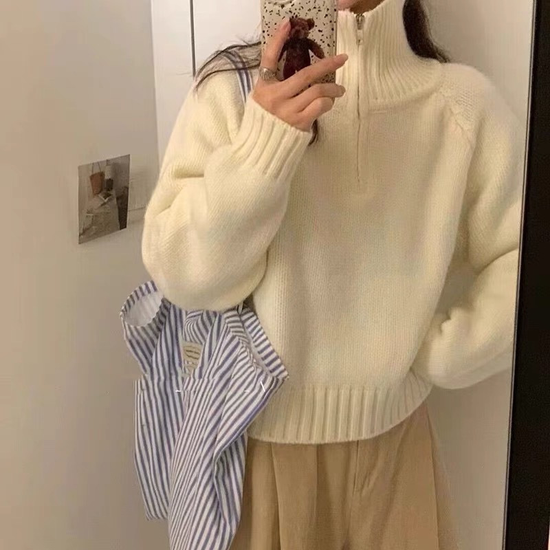 KANING韩版半高领秋冬毛衣女2025新款甜美减龄宽松半拉链针织衫女|undefined