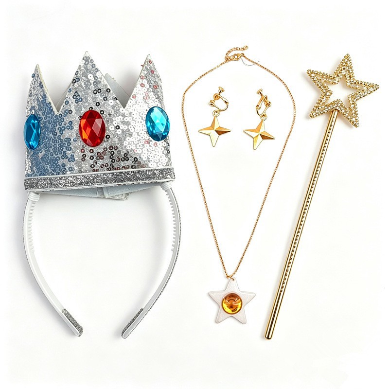 Princess Peach, Princess Rosa, Crown, Magic Wand, Star Ear Clips, Gloves, Mario Cosplay Costume